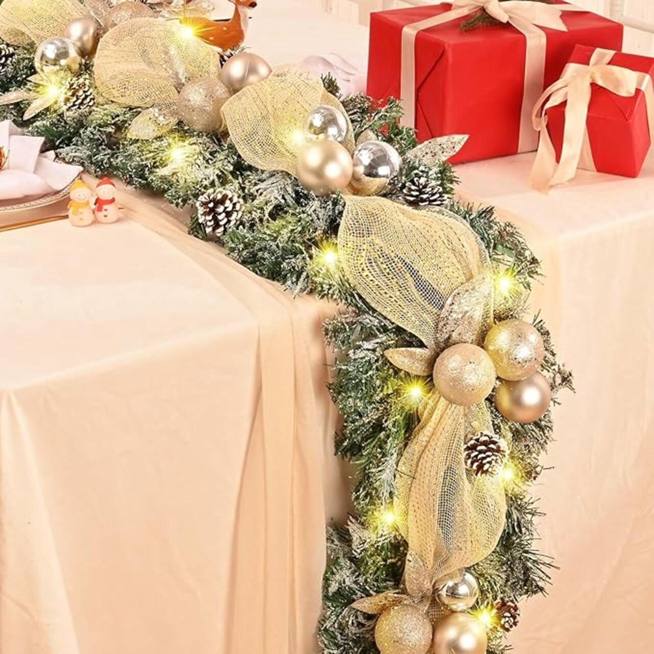 Luxury Christmas Garland for Mantle, Christmas Flocked Garland with Ribbons Gold Ball Pinecones, Christmas Garland Decor